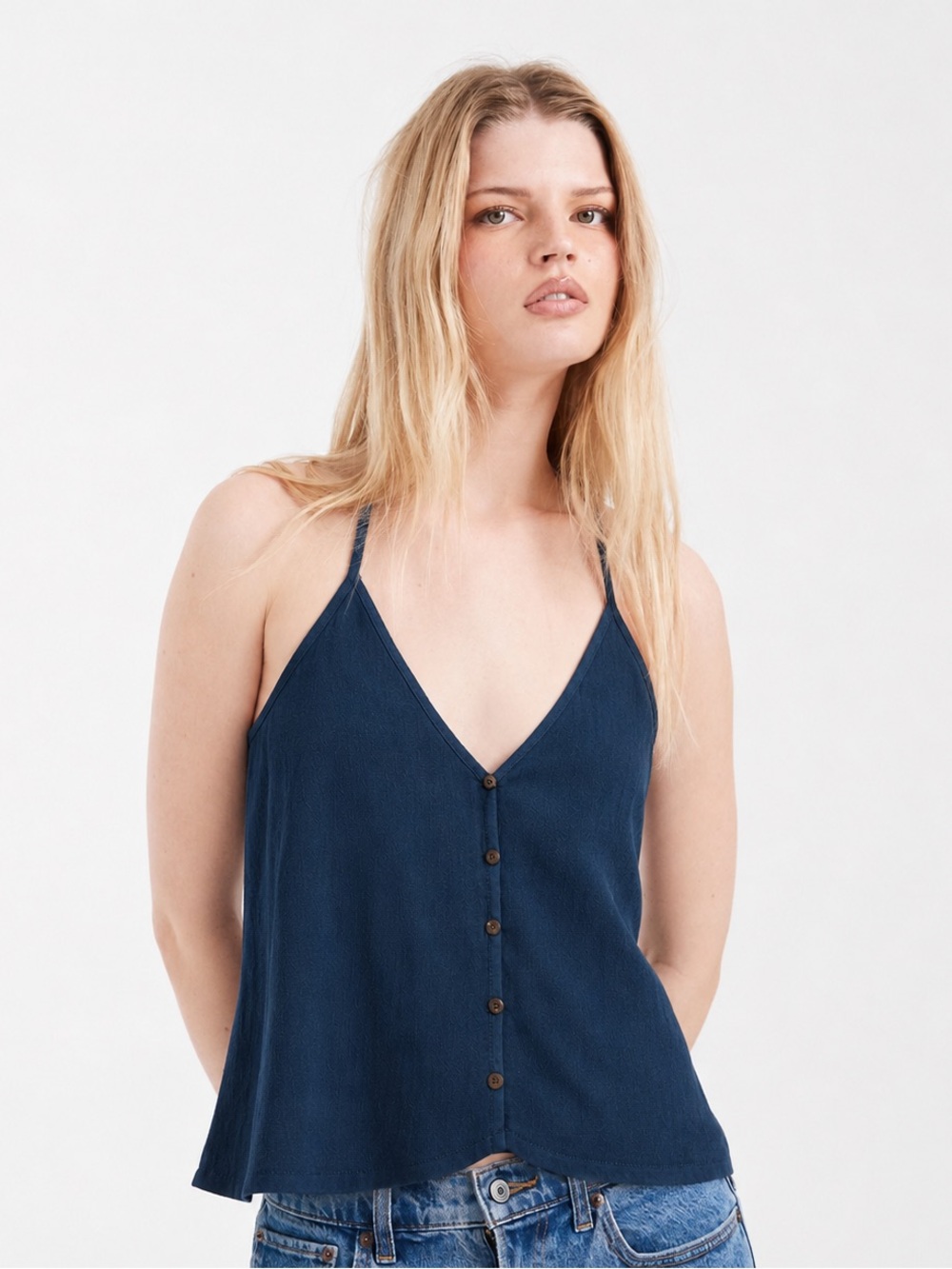 B Cool Tank Top Medium Navy Button Front Strappy Cami - Picture 1 of 5